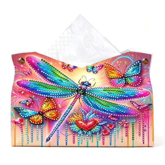 CCOCC Diy Diamond Art Painting Tissue Box Cover Pu Leather Holder for Home Living Room Car Vehicle Decor Unique Mosaic Craft Kit Organizer Case-Dragonfly