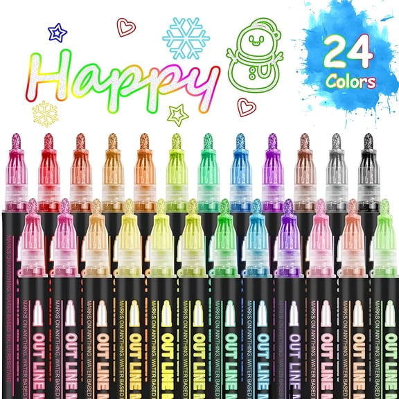 CCOCC Double Line Outline Markers 24 Colors Super Squiggles Glitter Markers Self Outline Metallic Marker, Doodle Shimmer Marker Drawing Pens for Christmas Greeting Card, Birthday Gift, DIY Art Crafts
