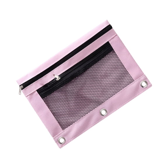CCOCC Double Zipper Pencil Bag Transparent Mesh File Pouch Case Zip Pencil Bags with Enforced Hole 3 Ring (Pink)