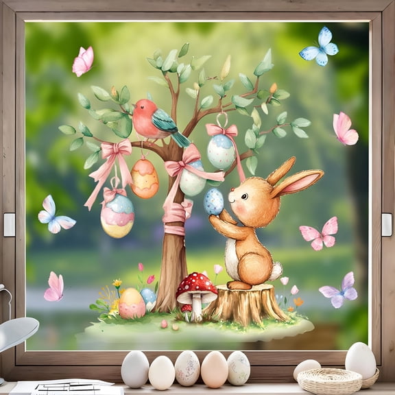 CCOCC Easter Window Clings 23.6X23.6In,Cute Bunny and Colorful Eggs Static Cling Stickers,Reusable Easter Decorations for Glass Door Window,Spring Party Home Decor,Holiday Wall Art
