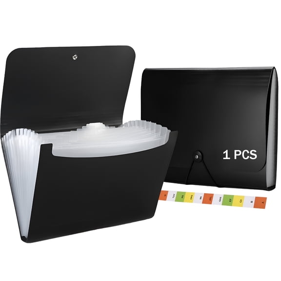 CCOCC Expanding File Organizer, 13 Pocket Accordion Folder, Black Plastic, A4 Size, 350 Sheet Capacity, Professional Document Storage with Index Labels