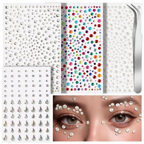 CCOCC Face Gems & Pearls Stickers, 1059Pcs Self-Adhesive Rhinestones for Makeup, Hair, Body, Nail Art, Festival Rave Accessories, Includes Tweezers, 4 Sheets