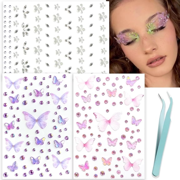 CCOCC Face Gems Self Adhesive Butterfly Face Jewels Rave Accessories Stickers Heart Rhinestone Festival Essentials Hair Gems,Rhinestone Stickers for Face,Eye,Makeup,Body
