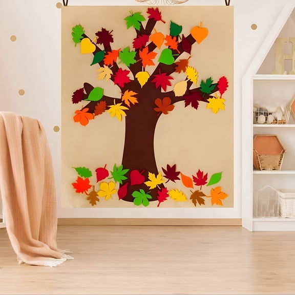 CCOCC Fall Leaves Tree Craft Kits Kids Diy Bulletin Board Set with 52 Maple Leaves Stickers Autumn Thanksgiving Wall Hanging Decoration