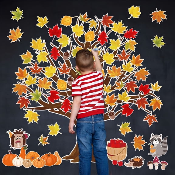 CCOCC Fall Tree Classroom Bulletin Board Decorations Pumpkin Maple Leaves Bulletin Board Cutouts Leaf in Yourself Paper Cutout with Glue Points for Classroom School Chalkboard Home Wall 104Pcs