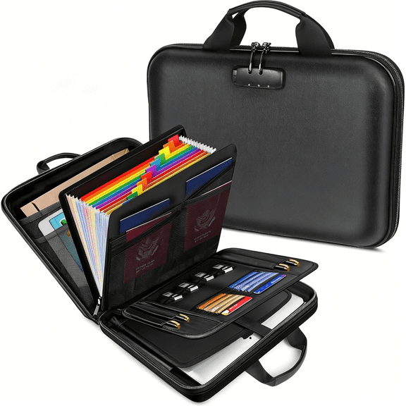 CCOCC Fireproof Document Box with Lock, Hard-Shell Case Important Document Organizer with 13 Pocket Accordion File Folder, Portable Office Home Travel Safe Storage for Laptop, Paperwork and More