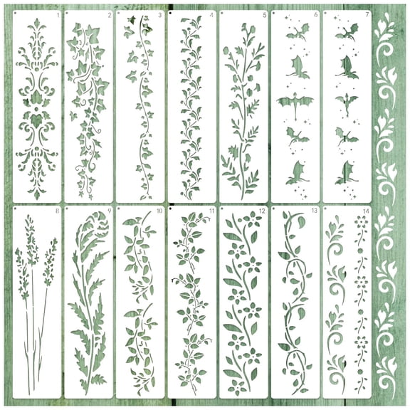 CCOCC Flower Border Stencils for Painting,14 Pcs Flower Stencils for Crafts Reusable Floral Leaf Vine Stencil Paint Template Painting on Wood Embroidery Furniture Wall Canvas Home Decor