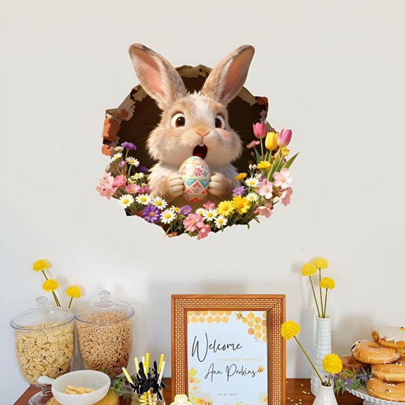 CCOCC Fun Easter Creative Wall Sticker,Realistic 3D Bunny Breaking Through the Wall Effect,Cute Cartoon Easter 3D Ripped Bunny Egg Decals,Walls Toilet Stickers Decor for Easter Spring Party (2Pcs)