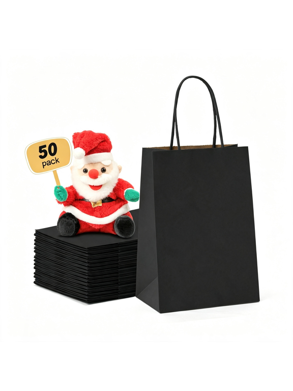 Gift Bags 5.25 X 3.75 X 8 Inch 50 Pack Black Paper Bags | Small Kraft Bags with Handles,Heavy Duty Paper Sacks Recycled for Shopping,Boutique,Party Favor,Goodie,Retail Business