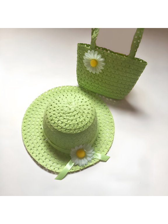 TELOLY Girls Tea Party Straw Sun Hat and Purse Sets Kids Child Birthdays Easter Daisy