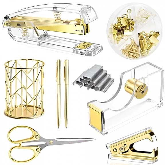CCOCC Gold Desk Accessories,Office Supplies Set Acrylic Stapler Set Staple Remover,Tape/Pen Holder,2 Ballpoint Pen,Scissor,Binder/Paper Clips and 1000pcs Staples.