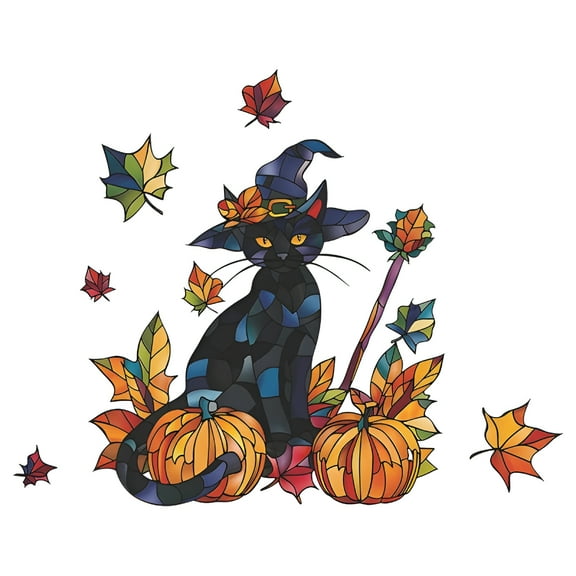 CCOCC Halloween Fall Window Clings,Autumn Black Kitty Pumpkin Maple Leaf Stickers Decals Decorations,Thanksgiving Living Room Home Kitchen Decor