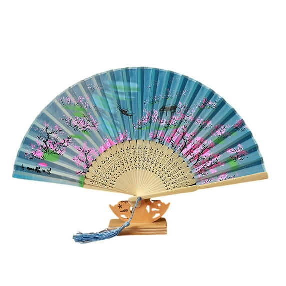 CCOCC Hand Held Flower Fan,Elegant Silk Print Design Flower Hand Fan,Sturdy Bamboo Fan Structure Handcrafted Tassel Detail Handheld Floral Fan,Style9,8.27In