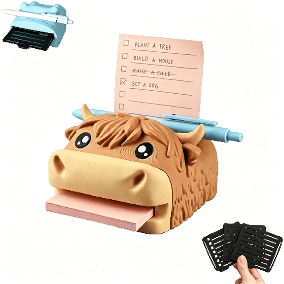 CCOCC Highland Cow Note Holder,All in One Storage for Pens,Pencils,Sticky Notes and Notepads,Cute Stationery Holder with Reusable Stencils,Durable Office Accessory,Fun Gift
