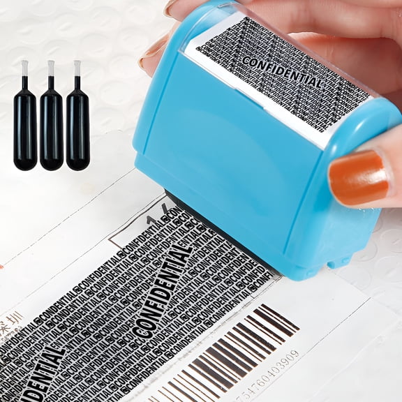 CCOCC Id Protector Ink Roller - Identity Theft Protection Roller Stamp Set (Blue, Stamp + 3 Refills)