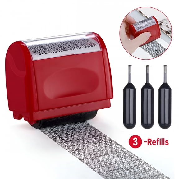 CCOCC Identity Theft Protection Roller Stamps Refillable Guard Your ID Privacy Confidential Data Wide Security Stamp Roller with 3 Ink Refills, Red