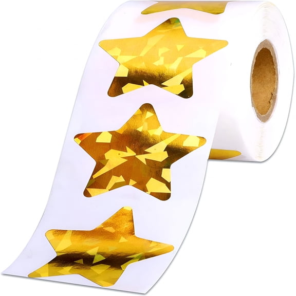 CCOCC Large Holographic Gold Star Stickers for Kids Reward, 500 Pcs Foil Star Metallic Stickers Roll for Behavior Chart, Student Planner and School Classroom