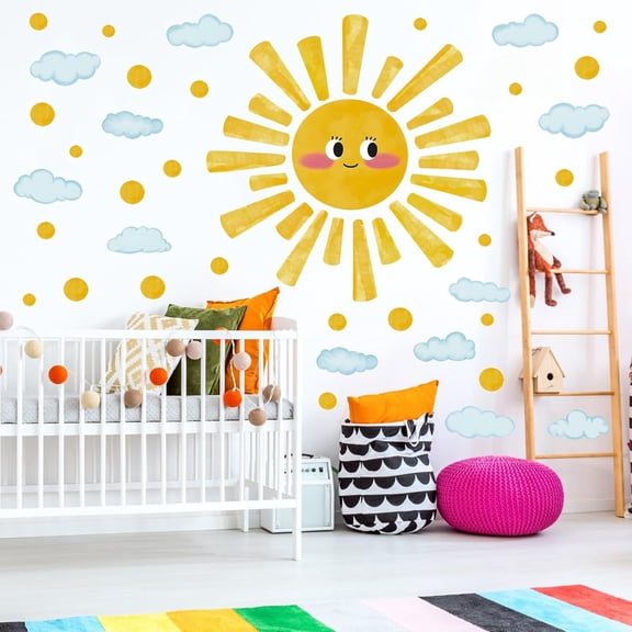 CCOCC Large Sun Wall Decals Watercolor Cloudy Wall Stickers for Kids Room,Smile Sun Polka Dots Clouds Wall Decor Stickers Peel and Stick Art Murals Decorations for Nursery Classroom Bedroom