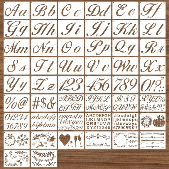 CCOCC Letter Stencils for Painting on Wood,50 Pcs Calligraphy Alphabet Drawing Templates with Numbers,Signs,Flowers,Reusable Cursive Plastic Art Craft Stencils