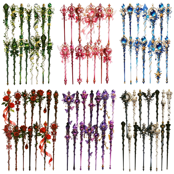 CCOCC Magic Wand Pet Stickers,96 Pcs Arcane Staff Gem Rose Butterfly Pre-Cut Clear Self-Adhesive Decorations for Scrapbook Junk Journal Diy Collage Scrapbook Stickers