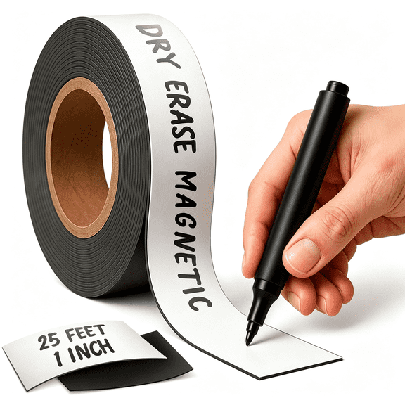 CCOCC Magnetic Dry Erase Tape 25Ft 1In-White Magnetic Strip Blank Magnets to Write on Dry Erase Strips Magnet Tape Roll Custom Writable Flexible Tape for Whiteboards Shelves Bus Seats Lockers
