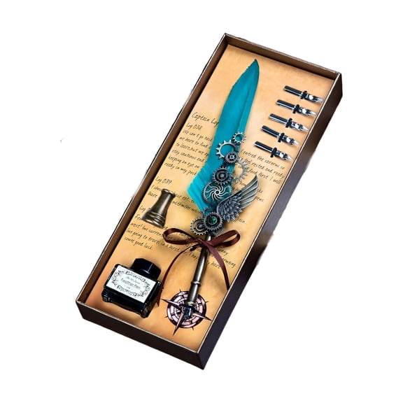CCOCC Mechanical Feather Pen Set - Wing Quill Dipped In Water Gift Box Carved Pen With Base Holiday Birthday Gift Antique Calligraphy Writing Dip Pen with Ink