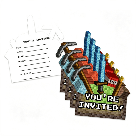 CCOCC Mining Pixel World Video Game Birthday Party Invites for Boy Kids - 20 Count of 4 X 6 Inch Double Sided Fill-In Invitations with Wet to Seal Envelopes, Vibrant Birthday Invitations