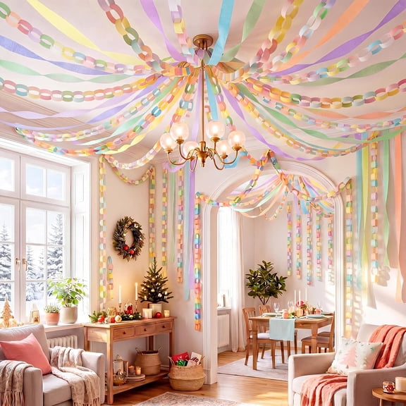 CCOCC Pastel Party Decorations 1200 Sheet Paper Chain Garland 656Ft Pastel Crepe Streamers 104Ft Star Hanging for Ice Cream Party Birthday Wedding Decor Pastel Paper Chain Garland