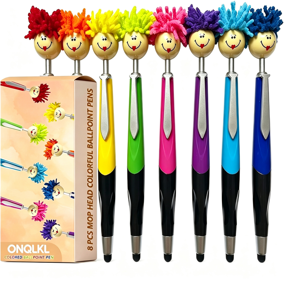 CCOCC Pens,Assorted Colors Pens,8Pcs Mop Head Ballpoint Pens,Funny Mophea Topper Pen with Plush Hair Writing Click Pen Portable Cute Cartoon Multi-Function Signing Pens (Colored Ballpoint Pen)