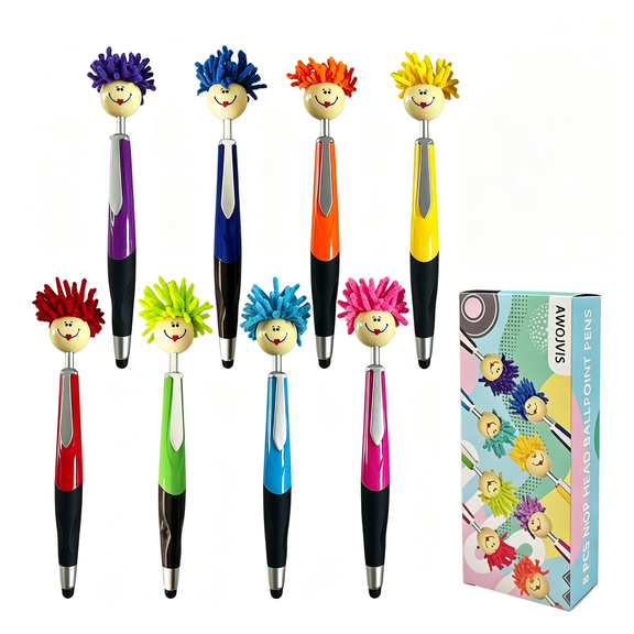 CCOCC Pens,Ballpoint Pen,8Pcs Mop Head Ballpoint Pens,Funny Mophea Topper Pen with Plush Hair Writing Click Pen Portable Cute Cartoon Multi-Function Signing Pens Decor Gift for Adultes