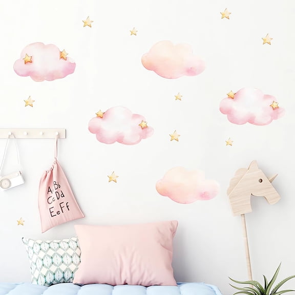 CCOCC Pink Clouds and Stars Wall Stickers Cartoon Diy Art Wall Decals,Removable Vinyl Peel and Stick for Baby Kids Room Nursery Living Room Bedroom Playroom Home Decor
