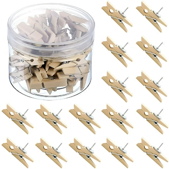 CCOCC Push Pins with Wooden Clips,50 Pieces Thumbtacks Pushpins Paper Clips Clothespins for Cork Boards Notes Photos Display Wall Used in Offices Schools Public Place