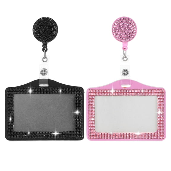 CCOCC Rhinestone Horizontal Badge Holder Bling,2 Pcs Retractable Badge Holder with Pink & Black Bling Rhinestone Id Card Holders with Clip,Securely Attach to Clothing for Business,Office & School