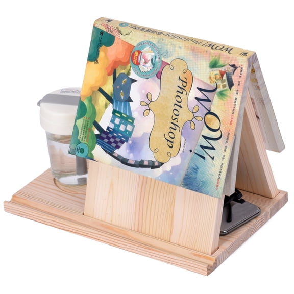 CCOCC Rustic Triangle Book Stand,Wood Reading Valet,Book Rest Stand Nightstand Book Holder with Cup,Glasses Pen Holder for Office Desk Library Table Centerpiece Decor and Book Lover