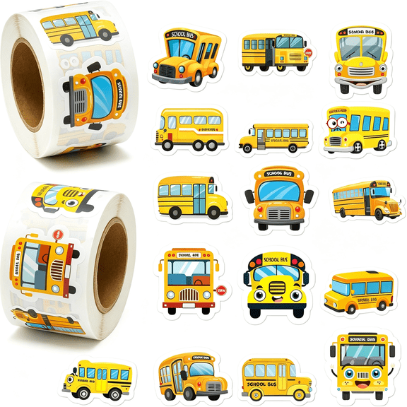 CCOCC School Bus Roll Stickers-1000Pcs School Bus Stickers in 2 Rolls Back to School Waterproof Vinyl Cartoon Transportation Decals for Laptop Bottle Notebook Luggage Computer Classroom Decor Kids