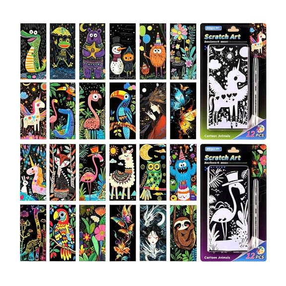 CCOCC Scratch Art Rainbow Painting Bookmarks Set-Creative Arts and Crafts for Adults,Scratch Painting Diy Paper Craft Kit,Foil Engraving Creative Gift 6.2''X2.8''(24Pcs)(Animal Series1)