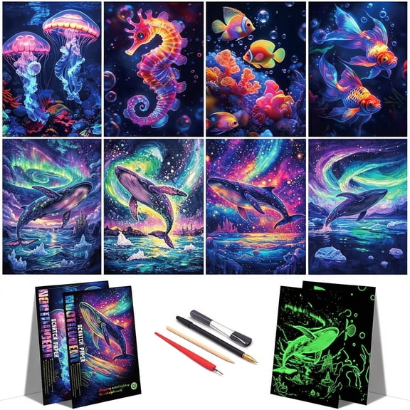 CCOCC Scratch Paper Art for Adults-Glow in the Dark Scratch Painting Craft Kit (8 Sheets A4)|Foil Engraving Art Set|Stress Relief Gift for Craft Lovers|Creative Scratch Art Home Decor
