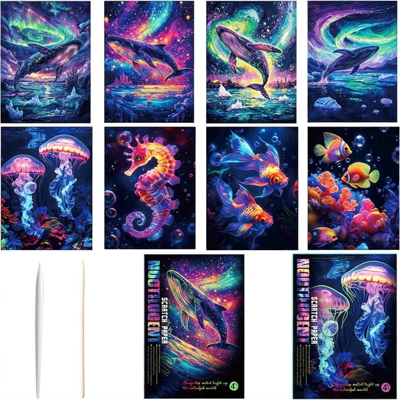 CCOCC Scratch Paper Art Set for Kids Adults Magic Rainbow Scratchboards for Diy Arts and Crafts Kits Christmas Birthday Gift with Scratching Tools Kit(A4-Noctilucent Whale+Sea World)