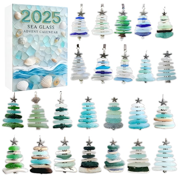 CCOCC Seaglass Advent Calendar,Christmas Tree Advent Calendar with 24 Handmade Acrylic Miniature Ocean Treasures,Unique Xmas Decoration&Gift
