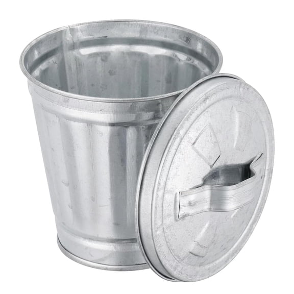CCOCC Silver Mini Galvanized Trash Can with Lid Mini Wastebasket Trash Can Small Metal Buckets Tabletop Trash Rubbish Bin Flower Pot Pen Holde Trash,Wastebaskets (9.5X9X9Cm)