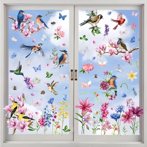 CCOCC Spring Summer Window Clings - Butterfly,Tree Branch Hummingbird,and Wildflowers Anti-Collision Window Stickers for Seasonal and Home Decor