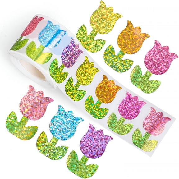 CCOCC Spring Tulip Stickers Roll Holographic Colorful Flower Shape Seal Stickers Floral Waterproof Self-Adhesive Decals for Envelope Journal Decor Birthday Holiday,500 Pcs