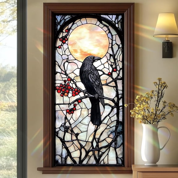 CCOCC Stained Glass Style Raven Window Film,Gothic Inspired Privacy Decor for Windows,Living Room Sun Blocking Decor Removable Static Cling Stickers 17.71X39.97 Inch