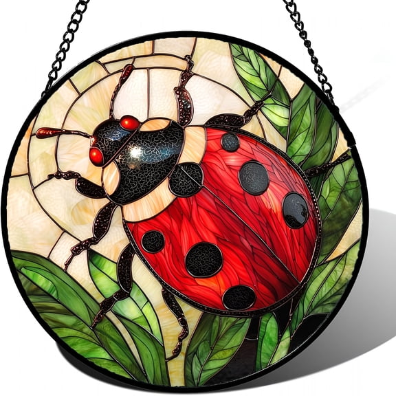 CCOCC Stained Glass Window Hanging-Red Seven-Spotted Ladybug Sun Catcher for Door Home Decor Insect Suncatcher 7.8 in