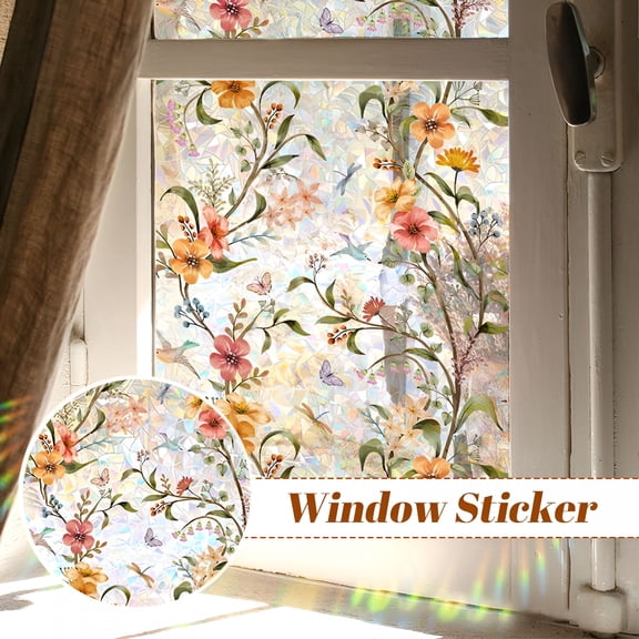 CCOCC Stained Glass Window Privacy Film,Static Cling Decorative Floral Window Sticker,Non-Adhesive Peel and Stick Vinyl Decal Sun Blocking Heat Control Glass Covering 15.74" X 78.74"