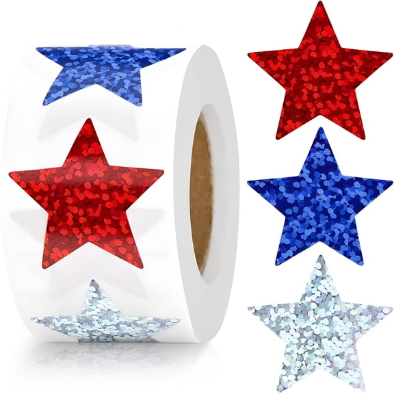 CCOCC Star Stickers-500Pcs 1Inch 4Th of July Sticker Holographic Stars Stickers Self Adhesive Red Blue Silver Patriotic Star Shape Sticker for Reward Crafts Memorial
