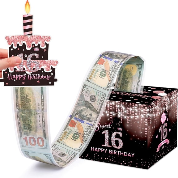 CCOCC Sweet 16Th Birthday Money Box for Cash Gift, Surprise Pull Out Money Gift Box with 50Pcs Transparent Bags - Fun Ways to Give Cash As a 16Th Birthday Gift for Girls