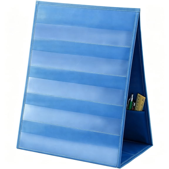CCOCC Tabletop Pocket Chart 13 X 17 Inch 600D Oxford Fabric Double Sided Pocket Chart Stand with 5 Straps Foldable Organizer Sticker Display Stand for Classroom, Home, Office (Gray Blue)
