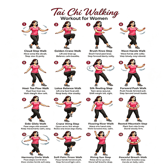 CCOCC Tai Chi Walking Chart for Seniors, Printable Poster Featuring Step-By-Step Poses, WomenS Tai Chi Workout Wall Chart for Home Fitness & Balance (Unframed, 12" L 18" W)