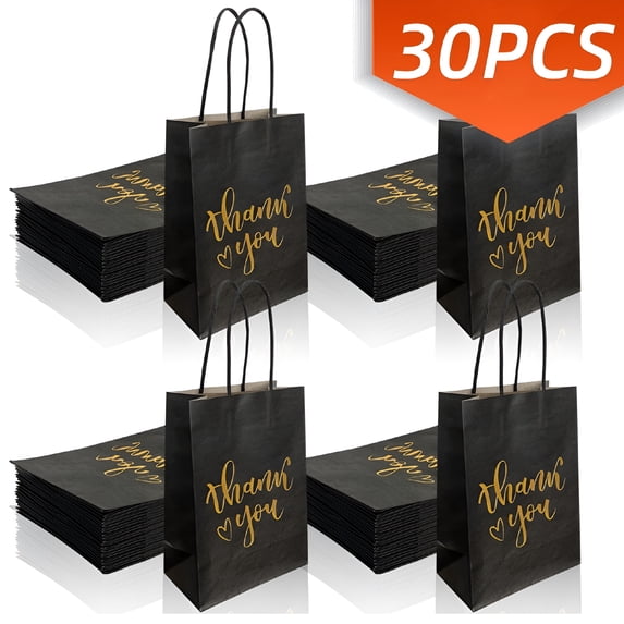 CCOCC Thank You Bags for Party Favors Goodie Bags Small Paper Bags with Handles Gold Foil Kraft Gift Bags Party Favor Bags for Birthday Baby Shower Black 30Pcs